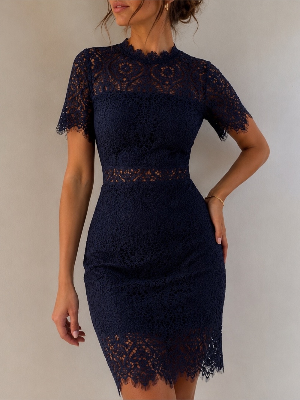 Lulus Remarkable Navy Blue Sheer Lace Short Sleeve Mini Dress Medium Wedding